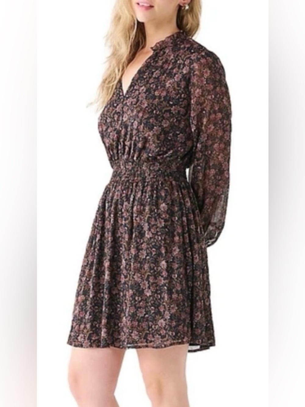 Dex Black Floral Chiffon Mini Dress Smocked Waist Long Sleeve Boho Size M